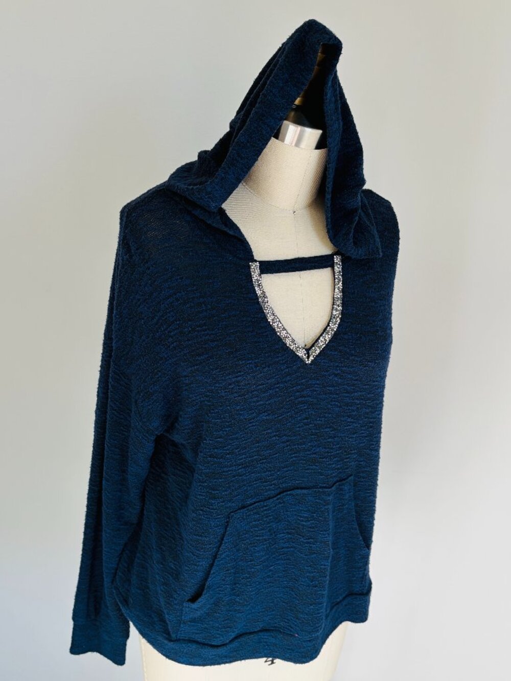 Juicy Couture Hacci Knit Pullover Hoodie, with embellished Rhinestone Cutout- M